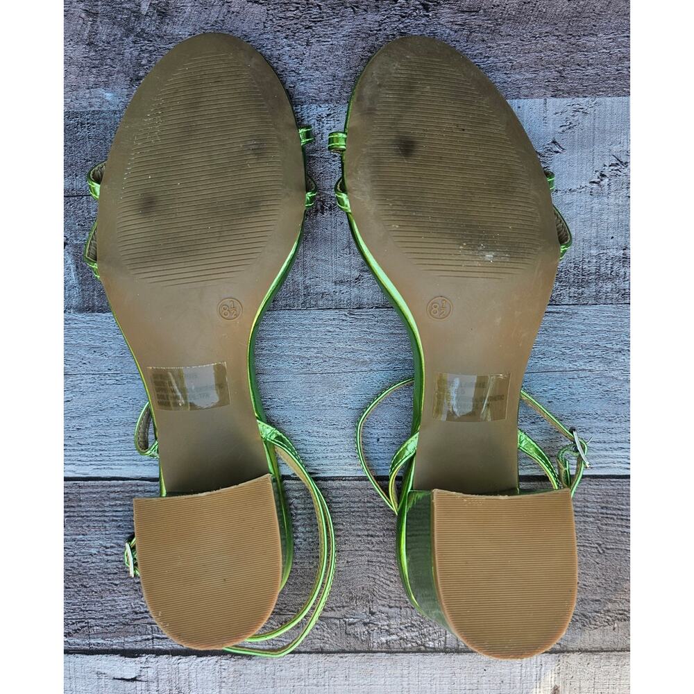 LULUS GREEN Metalic Leather Shiny Strappy Chunky Heels Shoes Women's size 8.5 - Picture 6 of 7